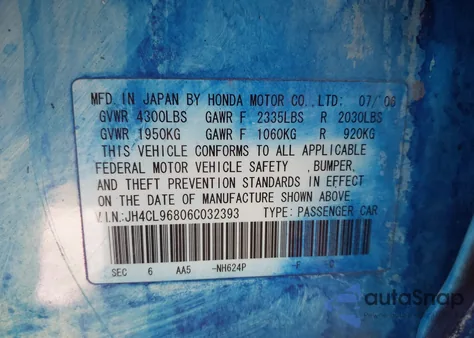 2006 Acura Tsx z USA, uszkodzony, nr VIN JH4CL96806C032393